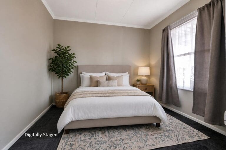 Bedroom Layout: Double Bed, Plant & Lamp - 1